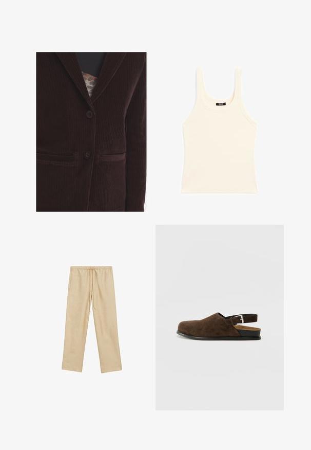Blazer in corduroy marrone con colletto a revers, due tasche frontali e due bottoni. Il tessuto presenta una texture a coste verticali.; Canottiera light beige in tessuto a costine, con scollatura rotonda e spalline spesse, dalla forma aderente e con dettagli minimi.; Pantaloni beige chiaro, dalla vestibilità ampia, con un elastico in vita e cordoncino. Presentano due tasche laterali e una texture liscia.; Scarpa slip-on in suede marrone con tacco basso, cinturino regolabile con fibbia argentata e suola in gomma nera.