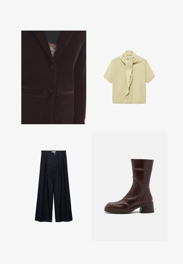 Hnedý kordový blejzer s klopovým golierom, dvomi prednými vreckami a dvoma gombíkmi. Tkanina má vertikálnu ribovanú štruktúru.; Svetlo béžový krátky rukáv sveter s pripojeným detailom šálu, ktorý je voľne obviazaný okolo krku.; Tmavé denim široké nohavice s vysokým pásom, vybavené predným zapínaním na gombík, dvoma bočnými vreckami a detailmi šitia.; MIISTA MALENE - Klasické členkové čižmy - brown