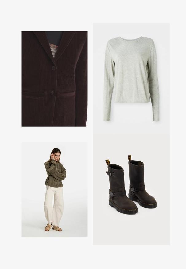 Brązowa marynarka z korduroy z wyciętym kołnierzem, dwoma przednimi kieszeniami i dwoma guzikami. Materiał ma pionową prążkowaną teksturę.; Jasnoszara koszula z długim rękawem, wykonana z miękkiego materiału, z okrągłym dekoltem i luźnym krojem. Szczegóły szwów po bokach.; Free People - Jeansy Relaxed Fit; Ciemnobrązowe skórzane buty z projektu do połowy łydki, żółte szwy, regulowane paski z klamrami oraz pętle do zakupu na górze. Teksturowane wykończenie.