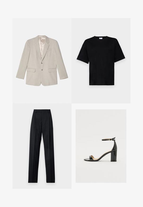 Gaišs pelēks žakets ar izgrieztu atlokiem, divām priekšējām kabatām un vienu pogu aizdari. Iekšpusē ir gluds satīna oderējums.; Melnā īsām piedurknēm T-kreklā brīvā izgriezumā, izgatavots no mīksta auduma, ar apaļu kakla izgriezumu un bez izteiktām rakstām vai akcentiem.; Melnas bikses, izgatavotas no gludas auduma, ar augstu vidukli, platiem bikšu galdniekiem, priekšējiem krokām un klasiskām jostu cilpām. Sānu kabatas nav redzamas.; Melnas patentā ādas sandales ar platām papēžiem, atvērtu purngalu un potītes siksniņu ar zelta sprādzi. Gluda tekstūra un elegants dizains.