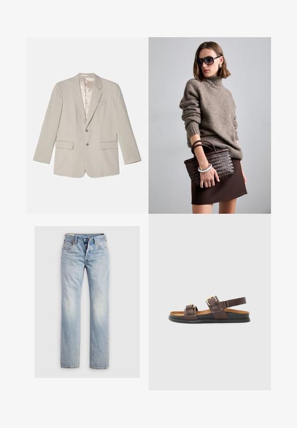 Jasnoszary żakiet z klapami w kształcie litery notch, dwoma przednimi kieszeniami i zapięciem na jeden guzik. Posiada gładką satynową podszewkę.; Biała bawełniana koszulka z krótkim rękawem, okrągłym dekoltem i luźnym krojem. Gładka tekstura i prosty design, bez wzorów i akcentów.; Jasnoniebieskie dżinsy o prostym kroju, z pięcioma guzikami przy rozporku oraz tylne kieszenie z delikatnym detalem w postaci przeszyć.; Brązowe skórzane sandały z dwiema regulowanymi paskami z metalowymi klamrami, z miękką wkładką i elastyczną czarną gumową podeszwą.; DRAGON DIFFUSION GORA ciemnobrązowy