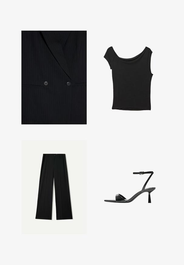 Czarny żakiet w paski z szerokimi klapami, podwójnym zapięciem na guziki, dwoma guzikami oraz dwiema poziomymi przednimi kieszeniami.; Czarna bluzka z krótkim rękawem, wykonana z gładkiego materiału; posiada dekolt w stylu drapowanym oraz asymetryczny dół, z dopasowanym krojem.; Bershka WIDE czarny; Bershka - Sandały na obcasie