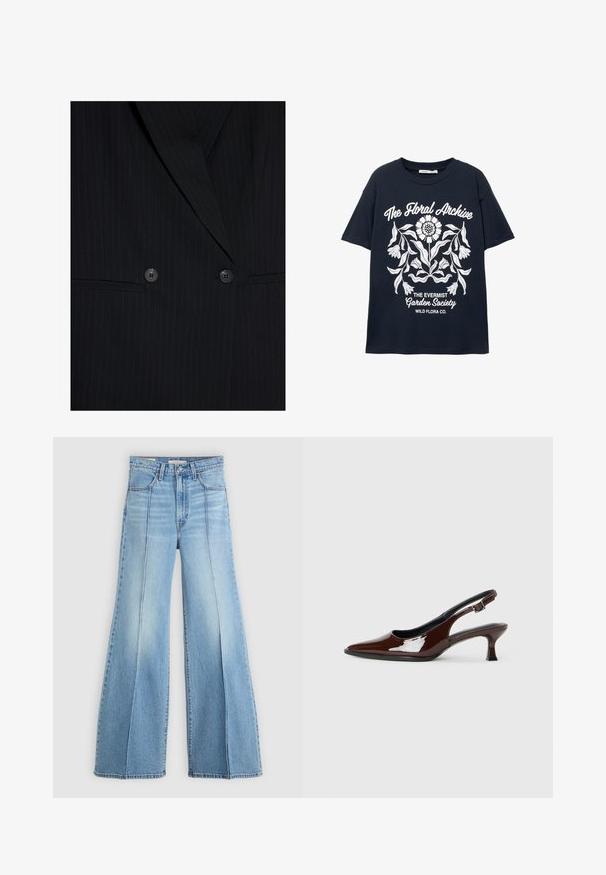 Mustapintainen raidoitettu blazer, jossa on leveät liepeet, kaksirivinen malli, kaksi nappia ja kaksi vaakasuoraa etutaskua.; Laivastonsininen lyhythihainen t-paita, jossa on valkoinen kukkakuva ja tekstit "Kukkavalikoima", "Ikivihreä Puutarhayhdistys" ja "Villikukkia Oy."; Vaaleansiniset korkeavyötäröiset farkut, joissa on leveät lahkeet, etu- ja takataskut, vyölenkit sekä pystysaumadetailit edessä.; Ruske patentin nahkalijatke sa špicastim nosom i umjerenom petom. Sadrže remen s kopčom za sigurno pristajanje. Glatka tekstura.