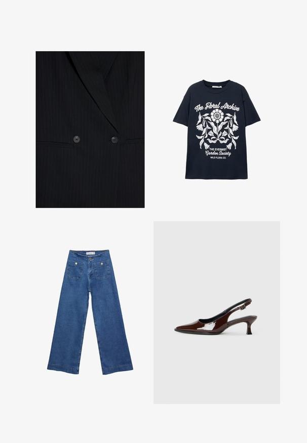 Crni blejzer s prugicama širokih revera, dvostruko zatvaranje, dva dugmeta i dva horizontalna prednja džepa.; Mornarski majica kratkih rukava s bijelim cvjetnim grafikom i natpisima "Floralni arhiv", "Društvo vrtnog maglovitog vrta" i "Divlja flora Co."; Denim široke hlače s medijskom plavom pranju, dva prednja džepa s dugmadi, i šivana dekoracija duž rubova.; Smeđe patentne kožne cipele s otvorenom petom, špicastim vrhom i umjerenom petom. Imaju remen s kopčom za sigurno pristajanje. Glatka tekstura.
