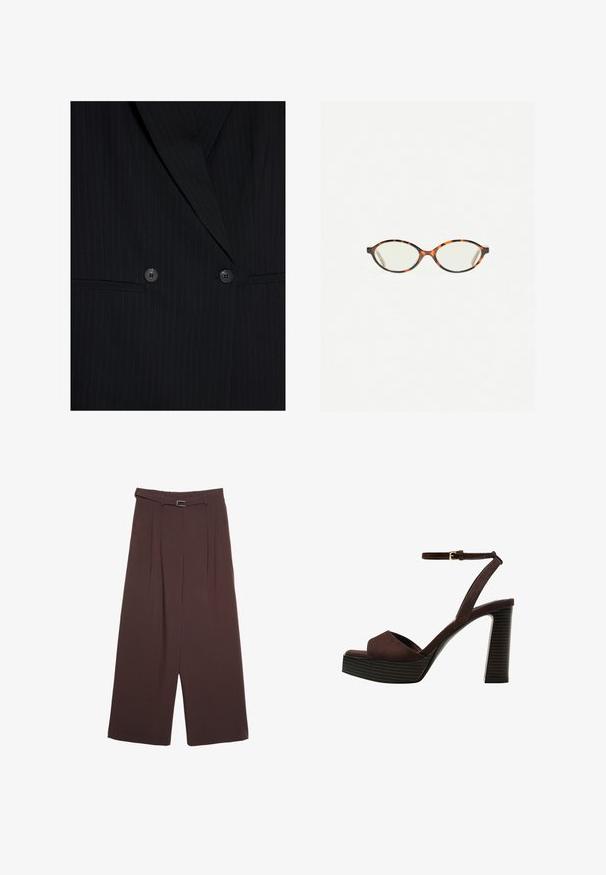 Czarny żakiet w paski z szerokimi klapami, podwójnym zapięciem na guziki, dwoma guzikami oraz dwiema poziomymi przednimi kieszeniami.; Biała bawełniana koszulka z okrągłym dekoltem, rękawami typu cap i dopasowanym krojem. Gładka faktura, bez wzorów i ozdób.; Stradivarius - Spodnie materiałowe; Brązowe zamszowe sandały na wysokim obcasie z odkrytymi palcami, regulowanym paskiem na kostce i paskowatą podeszwą.; Okulary w kolorze tortoiseshell z owalnymi soczewkami i gładkim, eleganckim wykończeniem. Posiadają cienkie boki z delikatnym łukiem w okolicy skroni. Przezroczyste soczewki.