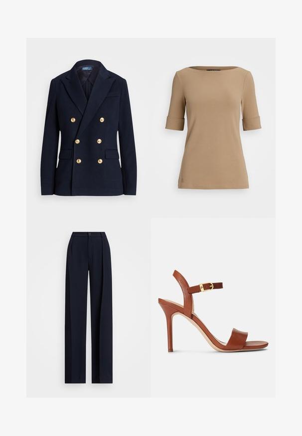 Námořnický dvouřadý blazer z texturované tkaniny, vybavený zlatými knoflíky, klopovými límci a dvěma předními kapsami.; Beige tričko s krátkým rukávem a kulatým výstřihem, se žebrovanými manžetami a hladkou texturou. Malé logo detail poblíž lemu.; Námořnické široké kalhoty s sklady, knoflíkovým zapínáním a hladkým textilním povrchem. Navrženy pro volný a pohodlný střih.; Hnědé kožené sandály na vysokém podpatku s elegantním designem, nastavitelným páskem kolem kotníku a jemným zlatým kováním. Otevřená špička a hladký povrch.