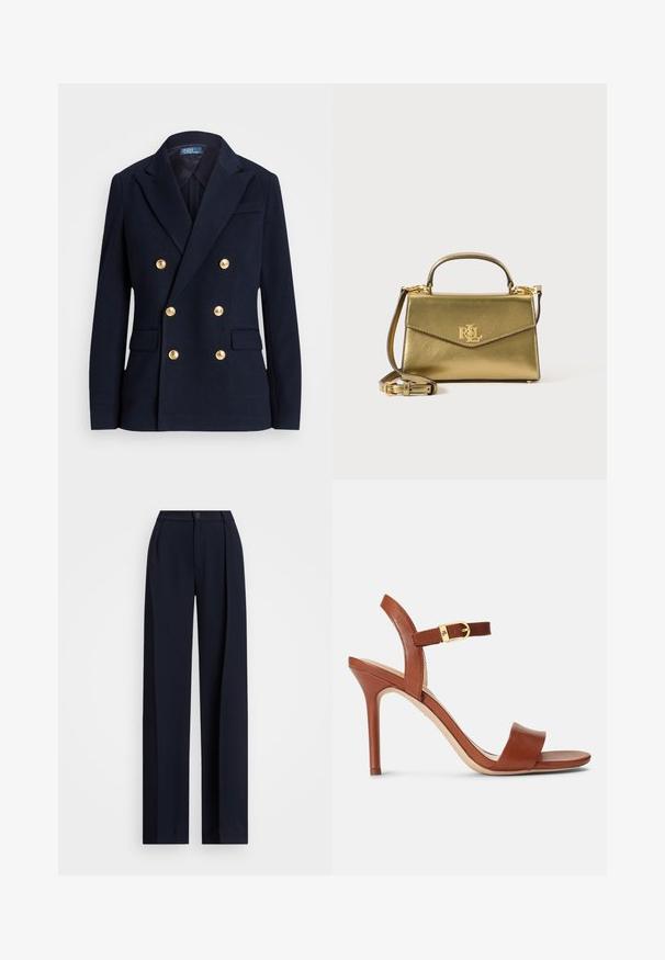 Blazer azul-marinho de botão duplo em tecido texturizado, com botões em tom dourado, lapelas em pico e dois bolsos frontais.; Top bege de manga curta com decote redondo, apresentando punhos dobrados e uma textura suave. Pequeno detalhe de logotipo perto da barra.; Calças largas em azul-marinho com pregas, fecho de botão e uma textura de tecido suave. Projetadas para um ajuste solto e confortável.; Sandal de salto alto em couro castanho com um design elegante, tira de tornozelo ajustável e um discreto fecho dourado. Com ponta aberta e textura suave.; Bolsa metálica dourada com um design estruturado, alça superior, tira de ombro destacável e hardware em dourado com logotipo na frente.