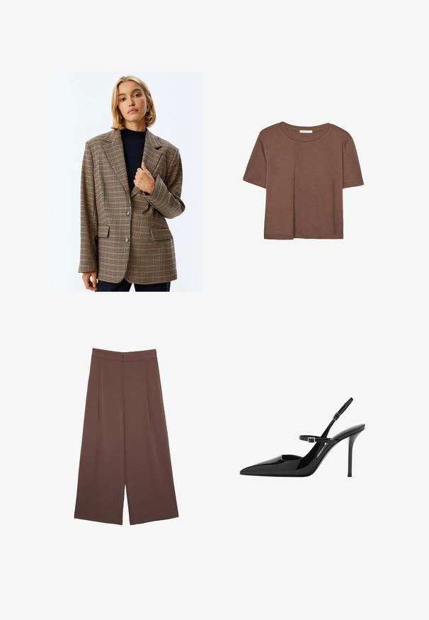 Checkered blazer in beige, brown, and rust tones. Features a notched collar, two front pockets, and two buttons with a relaxed fit.; Brown short-sleeve t-shirt made of soft fabric, with a round neckline and relaxed fit. No visible patterns or accents.; Brown wide-leg trousers with a smooth texture, featuring a high waist and front pleats. The fabric is lightweight and flows loosely.; Black patent leather slingback high heels with a pointed toe, adjustable strap, and stiletto heel. Smooth surface with shiny finish.
