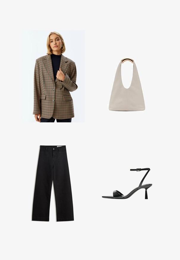 Karierter Blazer in Beige-, Braun- und Rosttönen. Mit Reverskragen, zwei Vorderaschen und zwei Knöpfen sowie einer lockeren Passform.; Weißes Baumwoll-T-Shirt mit rundem Ausschnitt, kurzen Ärmeln und tailliertem Schnitt. Glatte Textur ohne Muster oder Verzierungen.; Schwarze weit geschnittene Jeans mit hoher Taille, ausgestattet mit Vorder- und Hintertaschen, gesteppten Nähten und einem Knopfverschluss. Glatte Textur.; Bershka High Heel Sandalette - black; Hellgraue Lederhandtasche mit einem U-förmigen Design und einem geschwungenen, metallischen Griff. Glatte Textur mit minimalen Nähten und ohne sichtbare Muster.