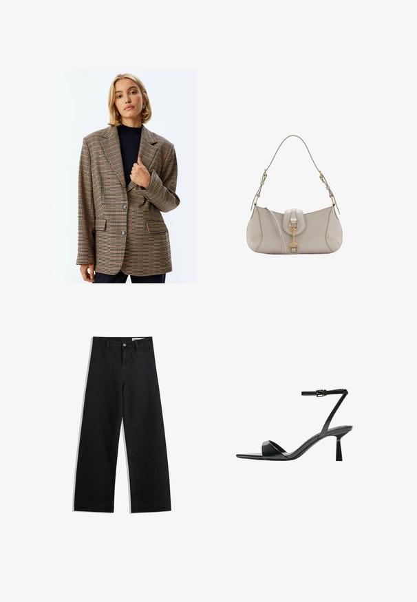 Karierter Blazer in Beige-, Braun- und Rosttönen. Mit Reverskragen, zwei Vorderaschen und zwei Knöpfen sowie einer lockeren Passform.; Weißes T-Shirt mit kurzen Ärmeln, lockerer Passform und gerafftem Stoff an der Taille. Aus weichem, leichtem Material gefertigt.; Schwarze weit geschnittene Jeans mit hoher Taille, ausgestattet mit Vorder- und Hintertaschen, gesteppten Nähten und einem Knopfverschluss. Glatte Textur.; Bershka High Heel Sandalette - black; Helle graue Lederhandtasche mit geschwungener Form, goldenen Beschlägen, einem Frontverschluss und gesteppten Details. Verstellbarer Schulterriemen inklusive.