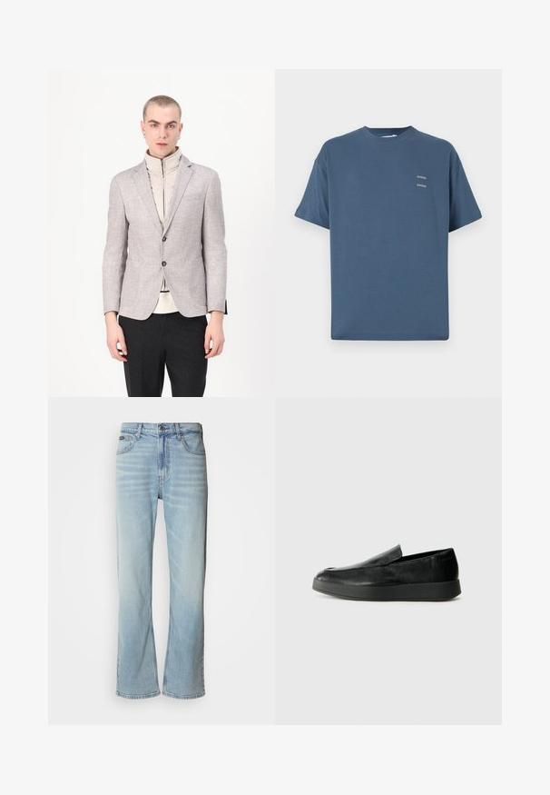 Light gray blazer with a textured finish, featuring two front pockets and button closure, layered over a cream high-neck garment.; Blue cotton t-shirt with a classic crew neck, short sleeves, relaxed fit, and two small printed logos on the chest. Smooth texture.; Light blue denim jeans with a straight-leg cut, featuring five pockets, a button closure, and subtle fading on the fabric.; Calvin Klein HYBRID CUP - Slip-ons - triple black