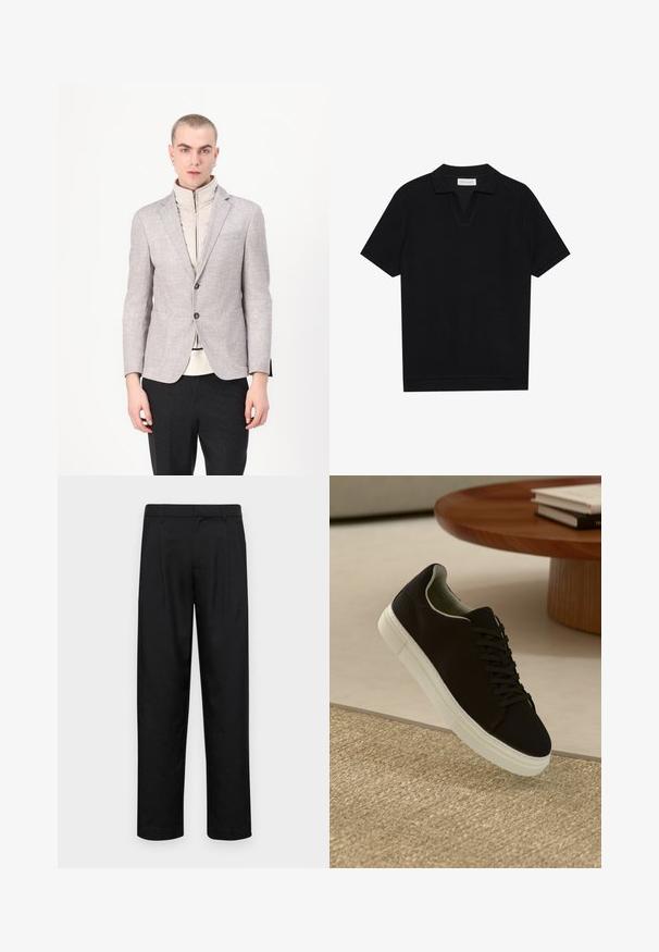 Šviesiai pilkas švarkas su tekstūruota apdaila, turintis dvi priekinės kišenes ir sagos užsegimą, dėvimas virš kreminės spalvos aukšto kaklo drabužio.; Juodas trumpas rankovėmis polo marškinėliai su tekstūruota, grioveliais audiniu, turi V formos iškirptę ir tiesų apačią. Nėra matomų logotipų ar raštų.; Juodi kelnių modeliai, pagaminti iš lygios medžiagos, turi tiesią kojas, du priekiniai klostės ir standartinę juosmenį su diržo kilpomis.; Juodas sportinis batelis su baltu padu, lekiančius virš smėlio spalvos tekstūruoto kilimo šalia apvalaus medinio stalo su sukrautomis knygomis.