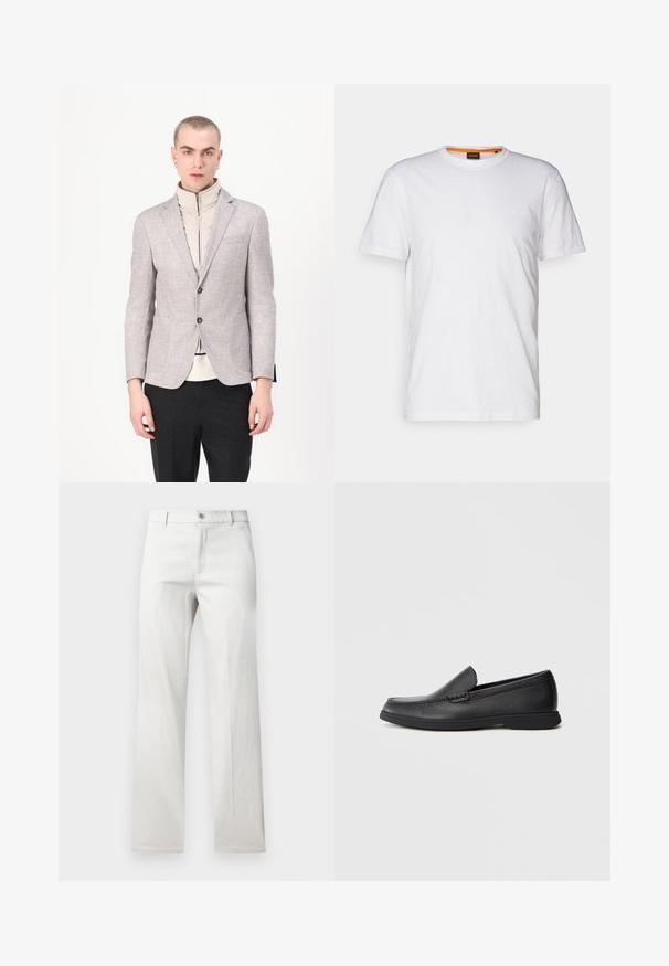 Világosszürke blézer textúrázott felülettel, két elülső zsebbel és gombos záródással, egy krémszínű, magas nyakú ruhadarab fölé rétegezve.; Fehér pamut póló kerek nyakkivágással, rövid ujjakkal, és finoman domborított logóval a mellkason. A belső címke narancssárga akcentussal rendelkezik.; Világosszürke nadrág, egyenes szárú kialakítással, sima anyagból készült, elöl gombos záródással és oldalsó zsebekkel.; Fekete bőr slip-on lófarok, textúrázott felsőrésszel, kerek orral, alacsony sarokkal és gumitalppal, oldalnézetből, fehér háttér előtt.