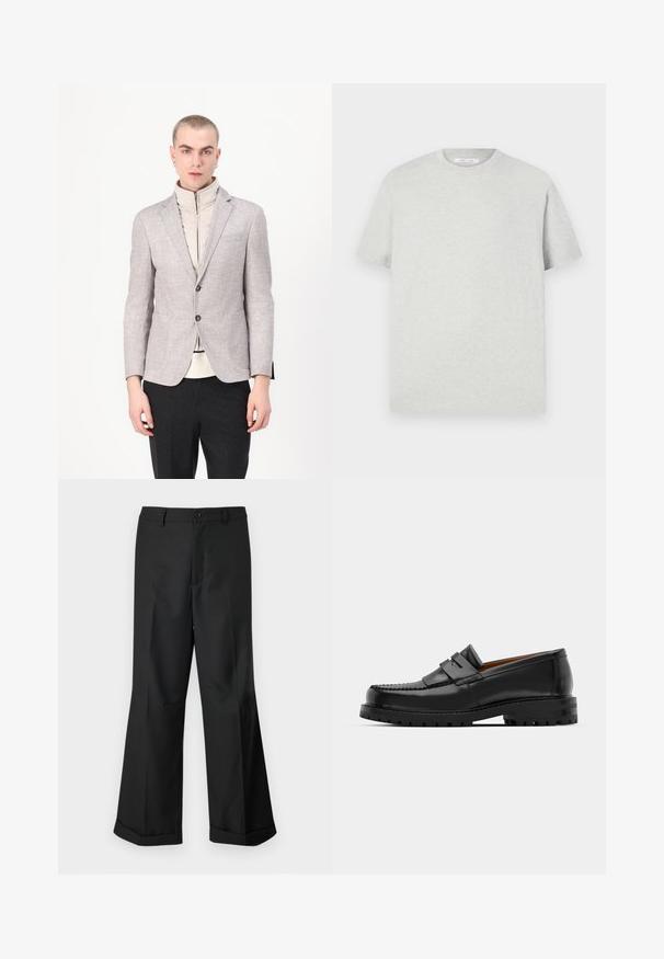 Világosszürke blézer textúrázott felülettel, két elülső zsebbel és gombos záródással, egy krémszínű, magas nyakú ruhadarab fölé rétegezve.; Világosszürke, rövid ujjú póló, puha anyagból készült, kerek nyakkivágással és laza szabással, látható minták vagy díszítések nélkül.; Fekete, bő szárú nadrág gombos derékkal és felhajtott szegélyekkel, sima fehér háttér előtt bemutatva.; Fekete bőr loaferek kiemelkedő varrással, két díszcsíkkal a felső részen és vastag, struktúrált talppal rendelkeznek a jobb tapadás érdekében.