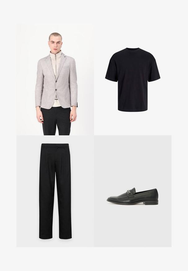 Heled hall blazer tekstuuriga viimistlusega, millel on kaks eesmist taskut ja nööbiga sulgemine, kantud kreemja kõrge kaelusega riietuse peal.; Must must on mustre, lühikeste varrukatega ja vabalt langev. Sile tekstuur ja ilma nähtavate mustrite või aktsentideta.; Mustad mustadest riietest, millel on sirge jalgade disain, kaks eesmist voltimist ja tavaline vöökoht, millel on vöökohad.; Must haveate nahkking punased, millel on sile viimistlus, tikitud muster ja dekoratiivne metallkett vampi üle. Tasane konts.