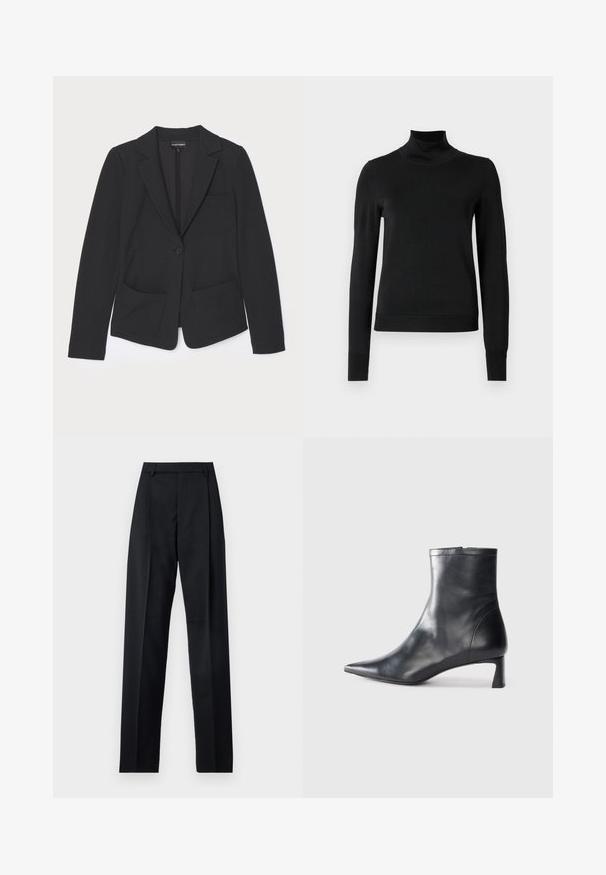 Črn blazer iz teksturiranega materiala, ki ima enojno gumbno zapiranje, zarezane reverje in dva sprednja žepa.; Črni pulover s dolgimi rokavi in vratnikom, z rebrastimi манжетами in robom, prikazan na enobarvni beli podlagi.; Črne hlače iz gladkega materiala, ki imajo visok pas, široke noge, sprednje nabore in klasične zanke za pas. Nevidni stranski žepi.; Črne usnjene gležnjarje s šiljastim nosom in elegantnim dizajnom. Imajo nizko peto in zadrgo na zadnji strani. Gladka tekstura.