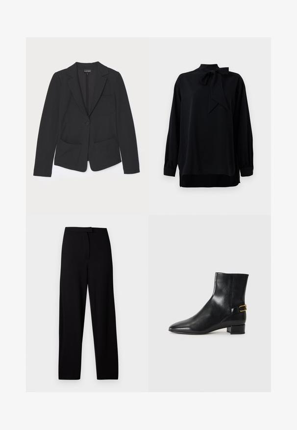 Blazer preto feito de tecido texturizado, com fecho de botão único, lapelas dentadas e dois bolsos frontais.; Blusa preta com colarinho alto e detalhe de laço. Mangas longas com punhos. Feita de um tecido suave com um corte relaxado.; Calças largas pretas feitas de um tecido suave e elástico. Apresenta uma cinta lisa e sem costuras ou bolsos visíveis. Design simples e versátil.; Bota de tornozelo em couro preto com bico fino, salto quadrado e um detalhe decorativo de fivela dourada na parte traseira. Textura suave, design minimalista.