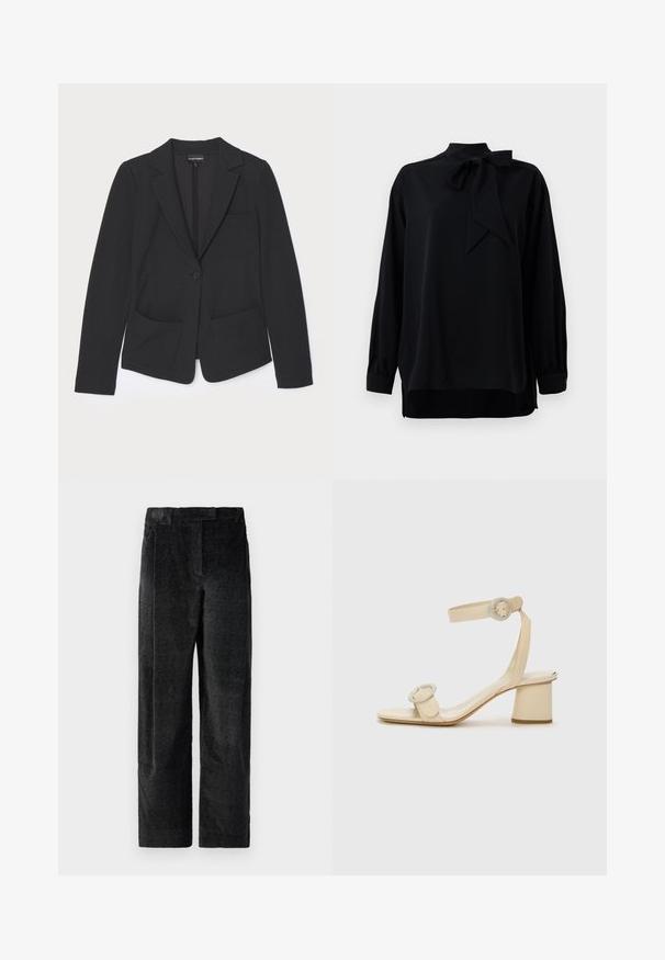 Fekete zakó textúrált anyagból, egy gombbal záródik, cakkos hajtókával és két elülső zsebbel rendelkezik.; Fekete blúz magas gallérral és masnis részlettel. Hosszú ujjak, mandzsettás véggel. Sima anyagból készült, laza szabással.; Fekete, textúrált, bő szárú nadrág, hangsúlyos szövettel, elülső redőkkel és lapos derékpánttal. Klasszikus dizájn, amely sokoldalúságot biztosít.; Krémszínű, magassarkú szandál, minimalista dizájnnal, két kör alakú díszítéssel és vastag sarokkal. Simító bőrből készült.