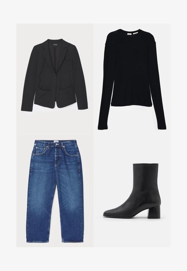 Melnā žakete, izgatavota no teksturēta auduma, ar vienu pogu aizdari, iegrieztiem atvērumiem un divām priekšējām kabatām.; Melnas ilgas piedurknes krekls, kas izgatavots no mīksta auduma, ar apaļu kakla izgriezumu un brīvu piegriezumu, ar sānu šķēlumiem apakšmalā, lai nodrošinātu ērtu kustību.; Citizens of Humanity DAHLIA IN CLAREMONT - Brīva piegriezuma džinsi - dark-blue denim; Melnas ādas potīšu zābaki ar norādītu pirkstu un masīvu kvadrātveida papēdi. Gluda tekstūra ar bezšuvju dizainu un minimālistisku šuvēm.