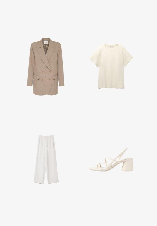Dobbeltbrystet blazer i lyse beige stof, med notch lapels, to frontlommer og tan knapper. Glat tekstur med en skræddersyet pasform.; Lys beige kortærmet t-shirt med rund halsudskæring, lavet af blødt, glat stof. Har en afslappet pasform og lige forneden.; Hvide bukser med bred benlængde lavet af et letvægtsstof. Har et elastisk talje med snor og sidelommer. Glat tekstur.; Beige hælede sandaler med slanke, krydsende stropper, åben tå og en kvadratisk blokhæle. Glat lakeret finish, justerbar ankelrem.