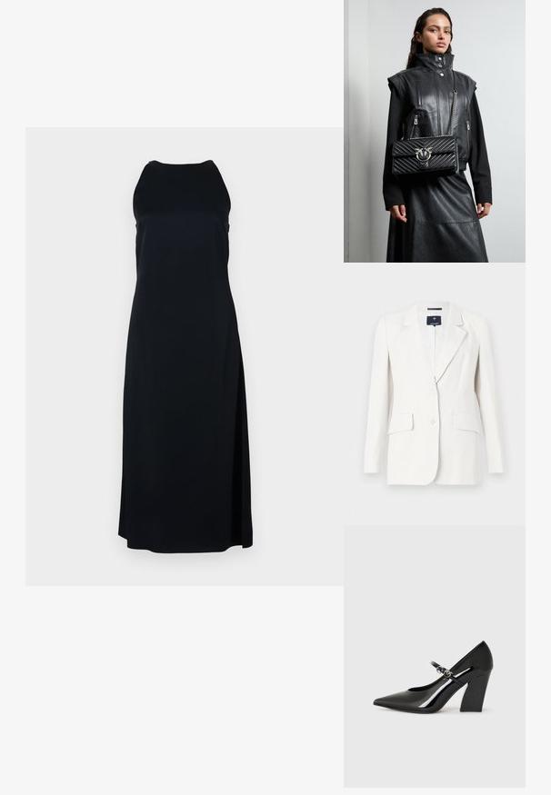 Blazer bianco con un solo bottone, revers a scudo, due tasche frontali e maniche lunghe. Tessuto morbido e vestibilità su misura.; Abito nero senza maniche con scollo rotondo e spacco laterale. Realizzato in un tessuto morbido, presenta una vestibilità ampia e un design minimalista.; Scarpa con tacco alto in vernice nera, con punta appuntita, tacco spesso e una cinturino con dettagli in metallo.; Gilet in pelle nera con collo alto, tasche con zip e una borsa a tracolla nera trapuntata con un accento in hardware argentato, indossato con una lunga gonna nera.