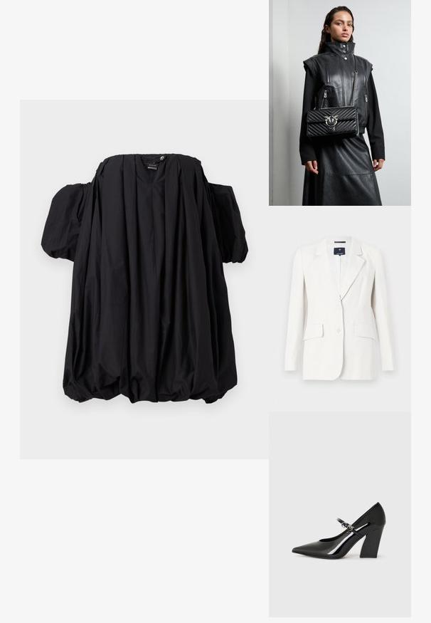 Bílý blejzr s jedním knoflíkem, klopami, dvěma předními kapsami a dlouhými rukávy. Hladká textura a přiléhavý střih.; Černý top s odhalenými rameny, s objemnými nadýchanými rukávy a nařaseným spodním lemem. Vyrobeno z lehké látky s hladkým povrchem.; Černá lakovaná lodička na vysokém podpatku s špičatou špičkou, silným podpatkem a páskem s kovovými detaily.; Černá kožená vesta s vysokým límcem, zapínacími kapsami a černou prošívanou kabelkou s akcentem ze stříbrného hardwaru, nošena s dlouhou černou sukní.