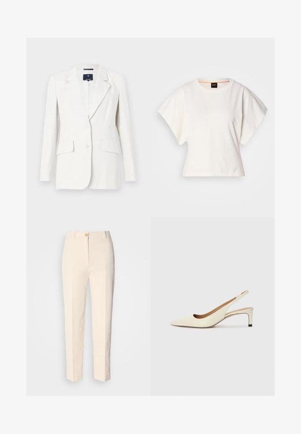 Fehér blézer egy gombbal, nyakkivágással, két elülső zsebbel és hosszú ujjal. Sima textúra és phűrőszott szabás.; Fehér, rövid, bő ujjú, crop szabású póló, puha pamut anyagból, kerek nyakkivágással, finom narancssárga díszítéssel, minimalista dizájn, minta vagy grafika nélkül.; Krém színű, magas derekú nadrág, textúrált anyagból készült. Elülső gombos záródással és keskeny lábakkal rendelkezik.; Fűzött orrú, elöl nyitott sarkú cipő, off-white bőrből készült, alacsony sarkú, kivágott dizájnnal, sima textúrával és minimalista kiegészítőkkel.