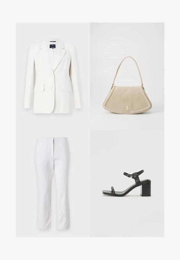 Valkoinen puku, jossa on yksi nappi, muotoiltu kaulus, kaksi etutaskua ja pitkät hihat. Sileä pinta ja istuva leikkaus.; Valkoinen lyhythihainen t-paita, leveät lyhyet hihat, pehmeää puuvillamateriaalia, pyöreä pääntie jossa hienovarainen oranssi reunus, minimaalinen muotoilu, ei kuvioita tai graafisia elementtejä.; Valkoiset puuvillahousut suoralla lahkeella, joissa on keskikorkea vyötärö ja ei näkyviä varusteita tai kuvioita. Ehjä pinta kauttaaltaan.; Musta nahkainen, paksupohjainen sandaali, jossa on leveä remmi varvasrengasta vastaan ja säädettävä nilkkaremmi, tyylikkäällä ja minimalistisella designilla.; Beige suède käsilaukku, jossa on pyöreän kolmion muoto, yksi hihna ja kultasävytteinen yksityiskohta edessä.