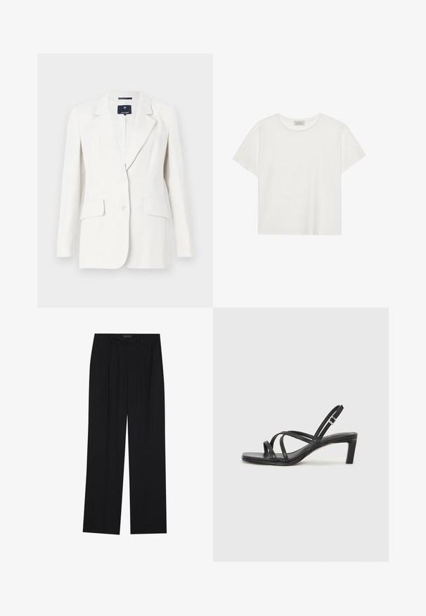 Blazer blanc avec un bouton, revers crantés, deux poches avant et manches longues. Texturé lisse et coupe ajustée.; T-shirt blanc à manches courtes en coton doux. Présente un col rond et une coupe décontractée. Design épuré sans motifs ni accents visibles.; Pantalons noirs à coupe droite, dotés de deux poches avant et d'une taille. Fabriqués dans un tissu lisse et léger.; Sandale noire à lanières avec un bout carré et un petit talon bloc. Elle présente plusieurs fines lanières et une sangle de cheville ajustable. Fabriquée en cuir lisse.