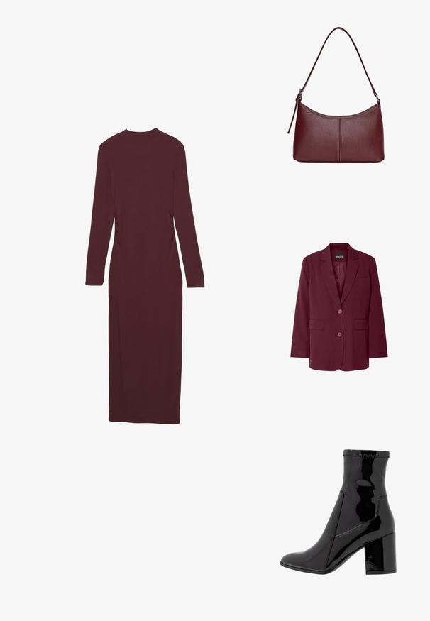 Bordo blejzer z izrezanim ovratnikom, dvema sprednjima žepoma, dvema gumboma in gladko teksturo. Na notranji strani je vidna oznaka blagovne znamke 'PIECES'.; Mauve dolgimi rokavi obleka s prilegajočo se obliko in nabranimi stranskimi detajli. Narejena iz elastičnega materiala, dolga do sredine tele.; Črne lakaste gležnjarje z gladko teksturo, koničastim nosom in strukturiranim blokastim peto. Imajo zasnovo brez zadrge in kontrastno šivanje.; Bordo usnjeni ročni torbici s ukrivljeno obliko, enim ramenskim trakom in šivanjem na sredini. Gladka tekstura, minimum kovinskih dodatkov.