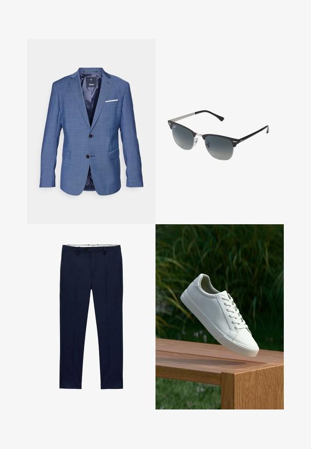 Niebieski w kratkę marynarka z dwoma czarnymi guzikami, klapami w formie notch, pojedynczą białą poszetką oraz dwoma przednimi kieszeniami. Podszewka wewnętrzna.; Białe koszulki z krótkim rękawem ułożone w stos, wykonane z bawełny. Posiadają okrągły dekolt i prosty krój. Materiał wydaje się gładki, bez wzorów.; Granatowe spodnie o dopasowanym kroju z prążkowanym wzorem. Posiadają zamek błyskawiczny, szlufki na pasek oraz kieszenie z przodu. Gładka faktura materiału.; Białe sneakersy sznurowane unoszące się nad drewnianą ławką z zielonymi liśćmi w tle, ukazujące wzór i teksturę buta.; Czarno-srebrne okulary przeciwsłoneczne w kształcie kociego oka, z gradientowymi soczewkami i metalowymi akcentami na oprawie. Plastikowe ramiona z szarymi końcówkami.