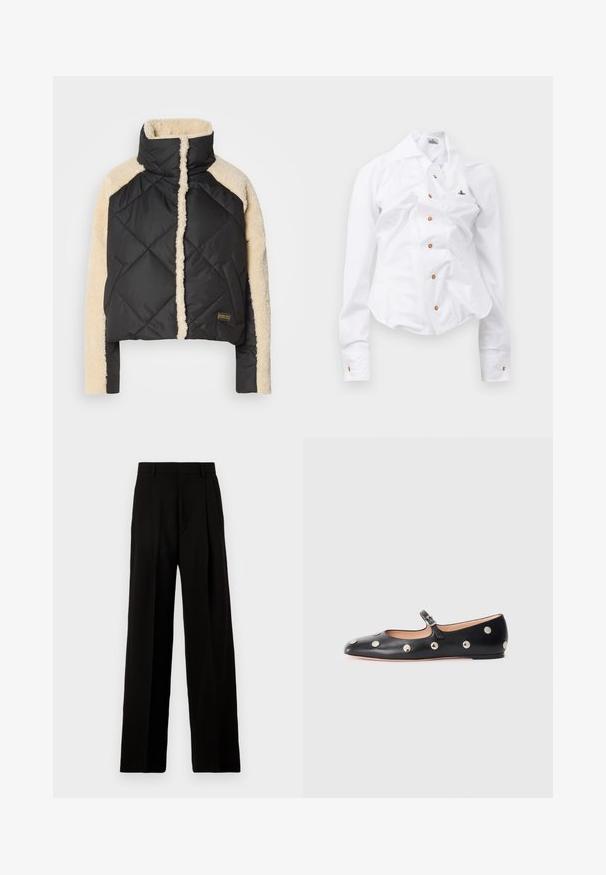 Jachetă puf cu quilting neagră, cu mâneci și guler din blană artificială crem. Are închidere cu fermoar, buzunare laterale și etichetă de marcă în partea de jos.; Cămașă albă cu mânecă lungă, cu un design ajustat. Are un guler mare, închidere frontală cu nasturi maro și un mic logo brodat.; Pantaloni negri cu picioare largi, confecționați dintr-un material neted, cu talie înaltă, pliseuri frontale și un design curat, croit, fără embellishments.; Pantofii Mary Jane din piele neagră, cu vârful rotund, decorati cu nasturi circulari argintii și o curea ajustabilă cu cataramă.