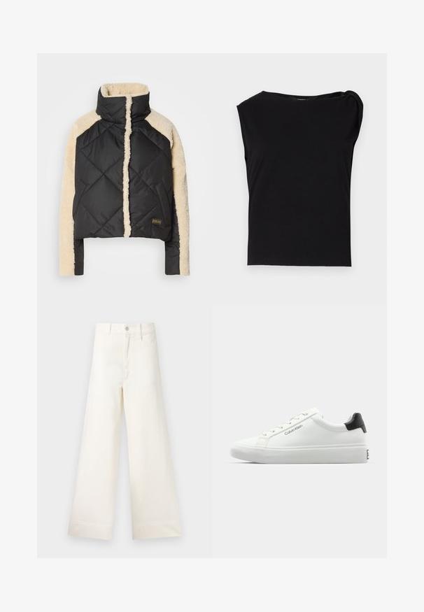Casaco puffer preto acolchoado com mangas e colarinho de pelugem sintética creme. Possui fecho de correr, bolsos laterais e etiqueta da marca na parte inferior.; Top preto de manga curta feito de tecido suave. Apresenta um decote redondo e detalhe drapeado no ombro. Design simples e ajustado.; Calças largas em algodão bege claro. Apresentam uma cintura alta, bolsos frontais e um corte reto. Acabamento de bainha limpo, sem padrões.; Sapatilha branca com acabamento liso, detalhe preto no calcanhar e design com atacadores. Apresenta a marca "Calvin Klein" na lateral. Estilo minimalista.