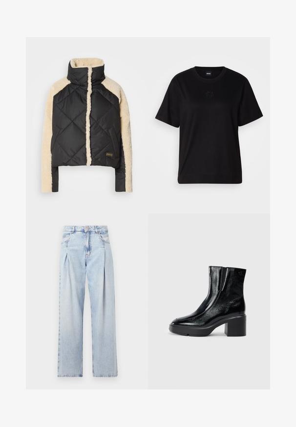 Kurtka puchowa w kolorze czarnym z pikowanej tkaniny, z rękawami i kołnierzem z kremowego sztucznego futra. Posiada zamek błyskawiczny, kieszenie boczne oraz metkę marki na dole.; Czarny bawełniany t-shirt z okrągłym dekoltem, krótkimi rękawami i haftowanym logo na piersi. Prosty, luźny krój bez wzorów.; Jasnoniebieskie dżinsy z wysokim stanem, szerokimi nogawkami, dwoma bocznymi kieszeniami oraz plisowanym wzorem. Miękka tekstura z wyblakłym wykończeniem.; Czarne lakierowane botki za kostkę z zaokrąglonym noskiem, elastycznymi panelami bocznymi i masywnym obcasem blokowym. Posiadają wytłoczone logo z tyłu.