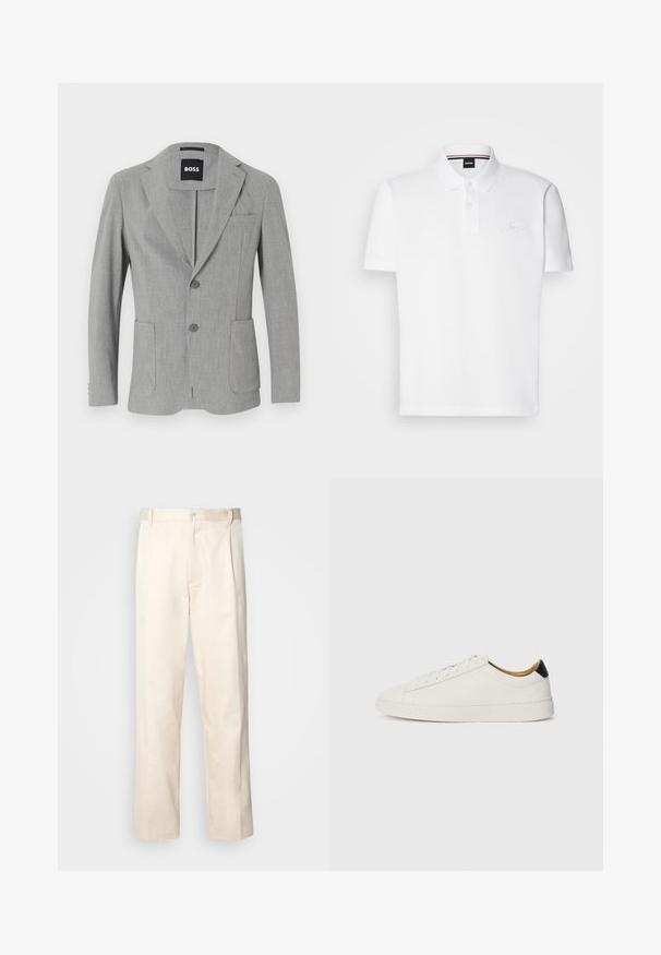 Hallitus hall blazer kahe nööbiga, lõikega kraega ja kahe ees oleva taskuga. Valmistatud tekstuuriga kangast, millel on kudumise muster.; Valge polo särk, mis on valmistatud puuvilla ja polüestri segust, omades kraed, kaht nuppu pliiatsis ning peent tikandit rinnal.; Beesidised puuvillased püksid sirge jala lõikega, mis on varustatud nööpkinnituse ja ees olevate voltidega, et lisada detaili.; Valge sneaker, millel on sile nahk pealis, ümmargune varvas ja lame tald. Must aktsent kandadel, ton-sümpaatne paeltega ja minimaalne bränding.