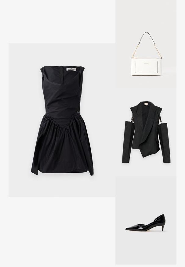 Blazer negro a rayas con un diseño asimétrico, que presenta mangas de hombros descubiertos. Confeccionado en una tela texturizada con un ajuste entallado y cuello de solapa.; Vestido negro sin mangas con un corsé estructurado, falda fruncida y detalle de costura en forma de V. Presenta una cremallera en la parte posterior y un sutil acento de logotipo.; Zapato de mujer de charol negro con puntera afilada y tacón kitten bajo, mostrado de perfil sobre un fondo gris claro liso.; Bolso de mano de cuero blanco con un acabado texturizado, que cuenta con una correa de cadena dorada y acentos negros. Incluye un bolsillo frontal y cierre de cremallera.