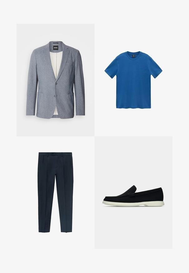 Luźno dopasowana niebieska marynarka w fakturze z klapkami, dwoma guzikami oraz dwiema przednimi kieszeniami. Podszewka ma kolor kremowy. Wykonana z mieszanki tkanin.; Niebieska bawełniana koszulka, krótki rękaw, okrągły dekolt, jednolity kolor, gładka tekstura, proste wykończenie, bez wzorów ani ozdób.; Ciemnoniebieskie spodnie wykonane z gładkiego materiału, o średnim stanowią, z dwiema bocznymi kieszeniami i pojedynczym zapięciem na guzik z przodu.; Czarny pantofel wsuwany z okrągłym noskiem, charakteryzujący się teksturowanym wierzchem, gładką białą podeszwą oraz subtelnym detalem z logo po boku.