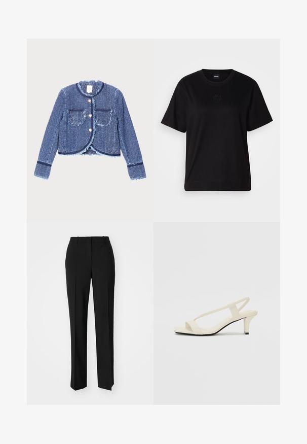 Denim jacket featuring a cropped design, light blue frayed edges, two front pockets, and gold button closure. Textured fabric with a woven pattern.; Black cotton t-shirt with a crew neckline, short sleeves, and an embroidered logo on the chest. Simple, relaxed fit with no patterns.; Black tailored trousers with a straight-leg design, featuring a smooth texture and crisp creases along the front. No visible hardware.; Beige block-heeled sandals with thin straps and a square toe. Smooth material with minimal detailing, designed for easy wear.