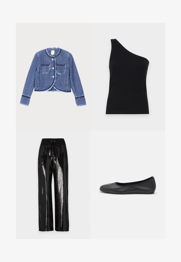 Denim jacket featuring a cropped design, light blue frayed edges, two front pockets, and gold button closure. Textured fabric with a woven pattern.; One-shoulder black ribbed tank top with a fitted design and soft texture. Features a clean, minimal cut and smooth neckline.; Black sequined pants with a wide-leg cut and elastic waistband featuring a drawstring. The fabric has a reflective, shiny texture.; Black leather ballet flat with a rounded toe, smooth texture, minimal stitching detail, and a flexible sole design.