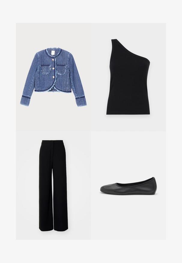 Denimjack met een cropped ontwerp, lichtblauwe rafelranden, twee voorkeurszakken en een gouden knoopsluiting. Geweven stof met een textuurpatroon.; Zwarte ribbel tanktop met één schouder, met een aansluitend ontwerp en een zachte textuur. Kenmerkt zich door een strakke, minimalistische snit en een soepele halslijn.; Zwarte wijde broek met hoge taille, zachte stof, een sluiting met knopen aan de voorkant en zonder zichtbare zakken, met een aansluitende pasvorm.; Zwarte leren ballerina met een ronde neus, gladde textuur, minimale stikdetails en een flexibele zoolontwerp.