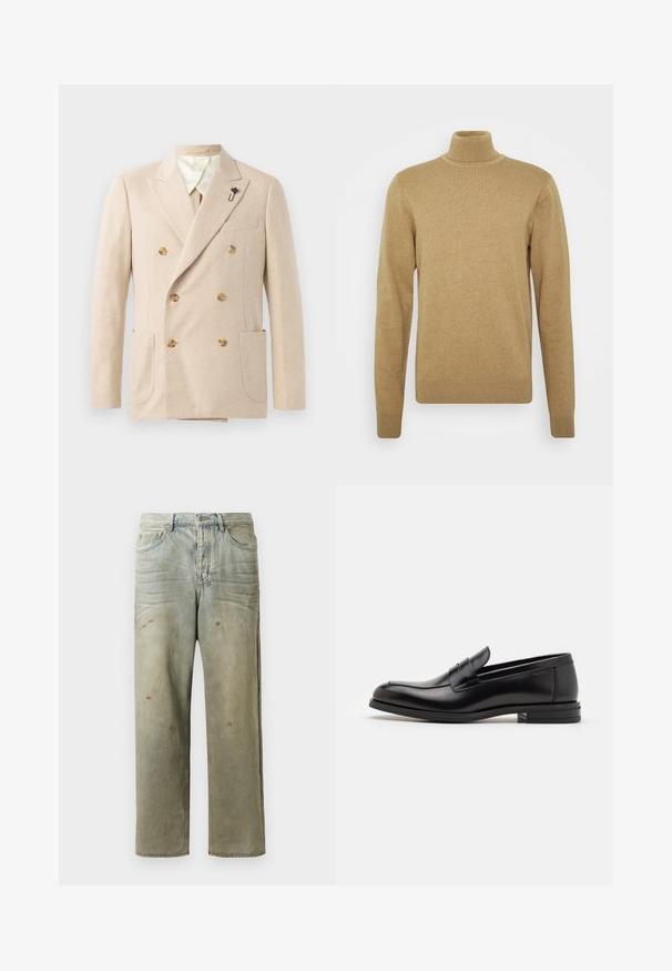 Beige Doppelreiher-Blazer aus Wollmischung mit zwei Fronttaschen, cremefarbener Fütterung, braunen Knöpfen und einer schwarzen Blumenstecknadel als Akzent.; Beiger Rollkragenpullover aus weichem Strickstoff. Mit langen Ärmeln und taillierter Passform. Gerippter Saum und Kragenakzente.; Distressed Denim-Jeans in Hellgrün, mit geradem Bein, Fünf-Taschen-Design und ungleichmäßiger Ausbleichung sowie Farbspritzern.; Schwarze Lederloafers mit glatter Textur, rundem Zehenbereich und einem dekorativen Riemen über dem Vorderfuß. Niedriger, gestapelter Absatz, minimalistisches Design.