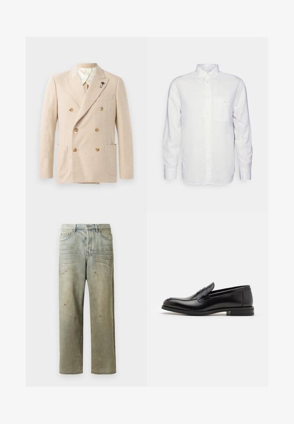 Beige double-breasted blazer in wool blend with two front pockets, cream lining, brown buttons, and a black flower pin accent.; Long-sleeve white shirt made of cotton, featuring a button-down collar, front pocket, and regular fit. Textured fabric with a smooth surface.; Distressed denim jeans in light green, featuring a straight leg, five-pocket design, and uneven fading with paint splatters.; Black leather loafers with a smooth texture, rounded toe, and a decorative strap across the vamp. Low stacked heel, minimalist design.