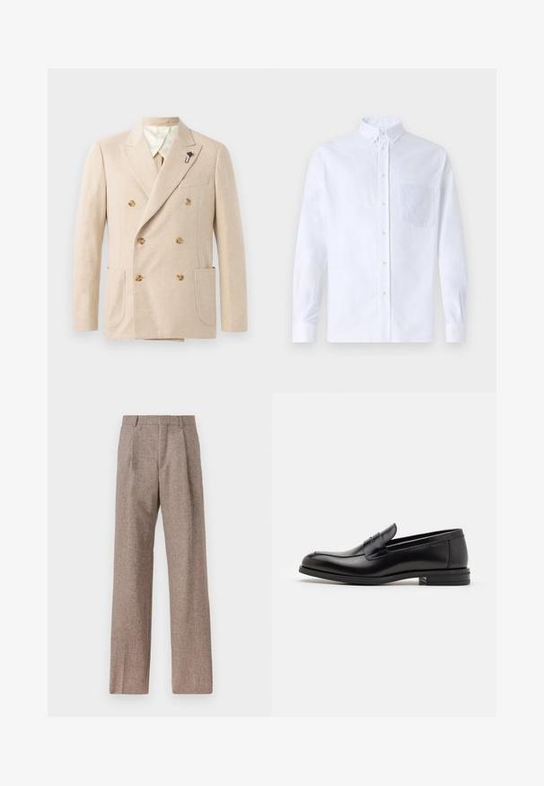 Beige Doppelreiher-Blazer aus Wollmischung mit zwei Fronttaschen, cremefarbener Fütterung, braunen Knöpfen und einer schwarzen Blumenstecknadel als Akzent.; Weißes Langarm-Hemd mit Knöpfen aus Baumwolle, ausgestattet mit einer Brusttasche mit tonalem Stickerei, einem Kragen und Knopfmanschetten.; Braune, hochtaillierte Hose aus strukturiertem Stoff. Mit weitem Bein und zwei vorderen Bügelfalten für zusätzliche Form. Saubere Verarbeitung ohne sichtbare Hardware.; Schwarze Lederloafers mit glatter Textur, rundem Zehenbereich und einem dekorativen Riemen über dem Vorderfuß. Niedriger, gestapelter Absatz, minimalistisches Design.