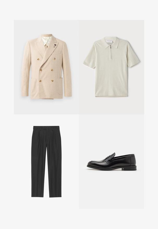 Beige double-breasted blazer in wool blend with two front pockets, cream lining, brown buttons, and a black flower pin accent.; Short-sleeve polo shirt in light beige with a zippered collar. Made of smooth fabric, features a simple, modern design without patterns.; Black pleated trousers made from a smooth fabric; features a waistband with belt loops and a straight-leg cut. Minimalist design with no patterns.; Black leather loafers with a smooth texture, rounded toe, and a decorative strap across the vamp. Low stacked heel, minimalist design.
