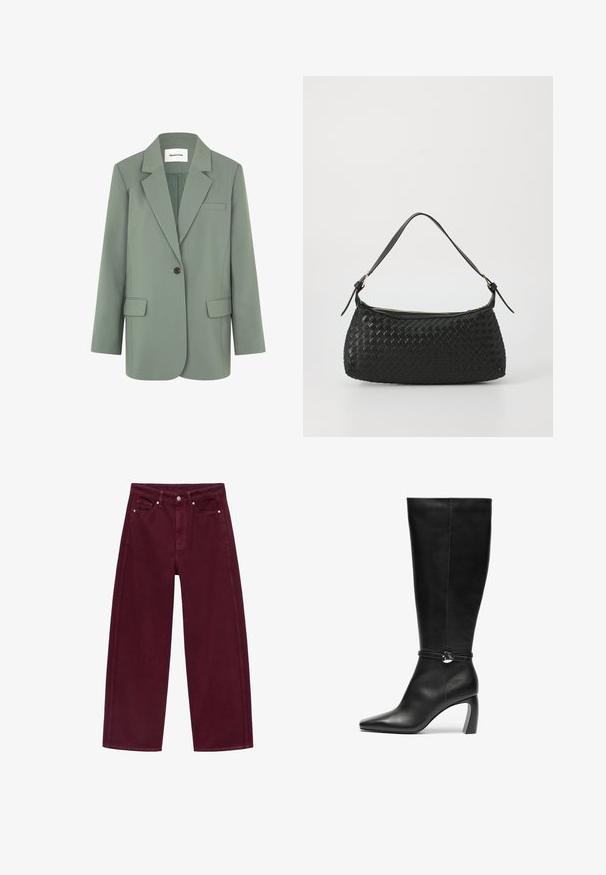 Hellgrüner Blazer mit einem Knopfverschluss, schmalen Revers, einer Brusttasche und zwei Vordertaschen. Aus einem glatten Stoff gefertigt.; Asymmetrisches schwarzes Oberteil aus glattem Stoff, das ein gerafftes Design mit einem goldfarbenen Hardware-Akzent auf einer Seite aufweist.; Burgunderfarbene Schlagjeans aus Baumwoll-Denim, mit einem Vier-Taschen-Design und metallischem Knopfverschluss mit passender Naht.; Schwarze Lederkniehohe Stiefel mit spitzem Zeh und breitem Absatz. Sie verfügen über einen Riemen mit einem runden Akzentdetail am Knöchel.; Schwarze geflochtene Schultertasche mit einem glatten Ledertragegurt und Reißverschluss. Verfügt über eine strukturierte Oberfläche und eine gebogene Form.