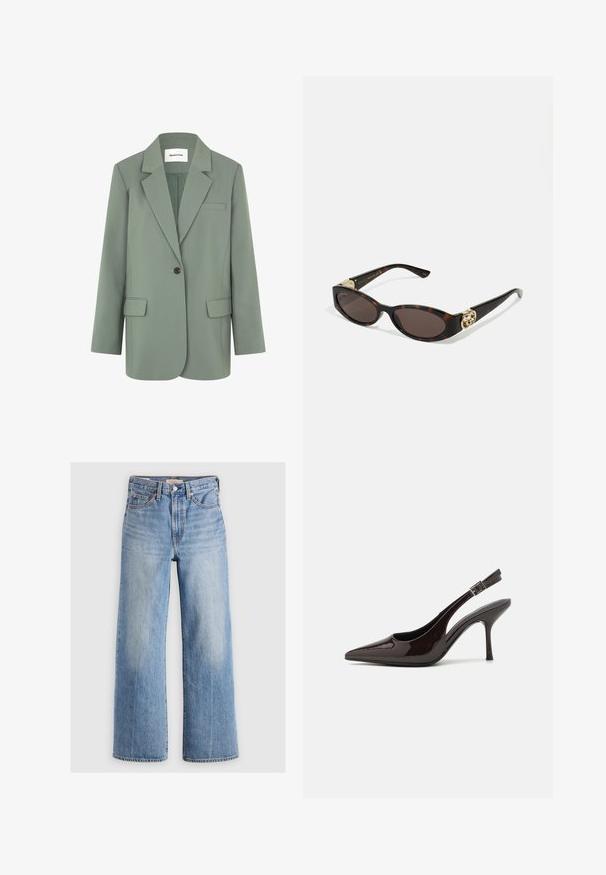 Sacou verde deschis cu închidere cu un singur nasture, revere călcate, un buzunar pe piept și două buzunare frontale. Fabricat dintr-un material neted.; Camisole alb cu decolteu în formă de V, cu dantelă delicată la margini, bretele subțiri ajustabile și un material moale și neted.; Blugi largi din denim de un albastru deschis, cu talie înaltă, zone decolorate, cinci buzunare și cusături contrastante. Închidere clasică cu nasture și fermoar.; Pantof cu toc înalt Slingback din piele sintetică lucioasă de culoare maro închis, vârf ascuțit, laterale deschise și curea ajustabilă la glezne.; Ochelari de soare din țiglă cu lentile ovale alungite, nuanță maro, accente cu logo auriu pe brațele laterale și brațe negre elegante.; Cercei aurii cu swirl, cu grund transparent, având accente texturate din aur și mici pietre clare încorporate în design.