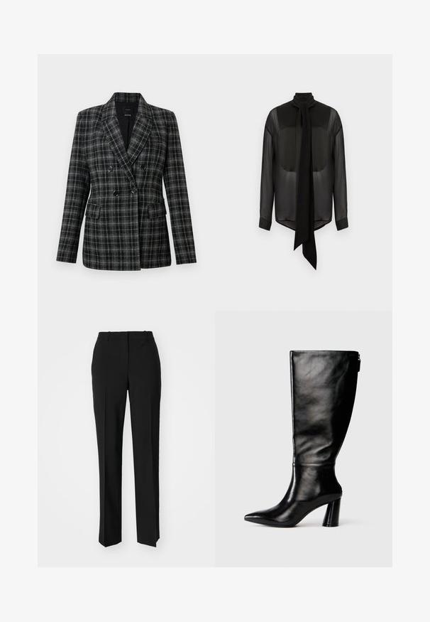 Juodas ir pilkas languotas švarkas su atvartiniu apykakle, dvigubu užsegimu, dviem priekinėmis kišenėmis ir tekstūruotu audiniu.; Juodas šifono bluzonas su ilgu kaklu, aukštu apykakle ir ilgomis rankovėmis. Permatoma tekstūra su tvirtais juodais rankogaliais ir apvaliu apačiu.; Juodi pritaikyti kelnių modeliai su tiesiomis kojomis, pasižyminčios lygiomis tekstūromis ir ryškiomis klostėmis priekyje. Nėra matomų detalių.; Juodai odiniai aukštakulniai batai iki kelių su smailiu nosimi, lygiu paviršiumi ir stambiu kulnu. Yra užtrauktuko detalė gale.