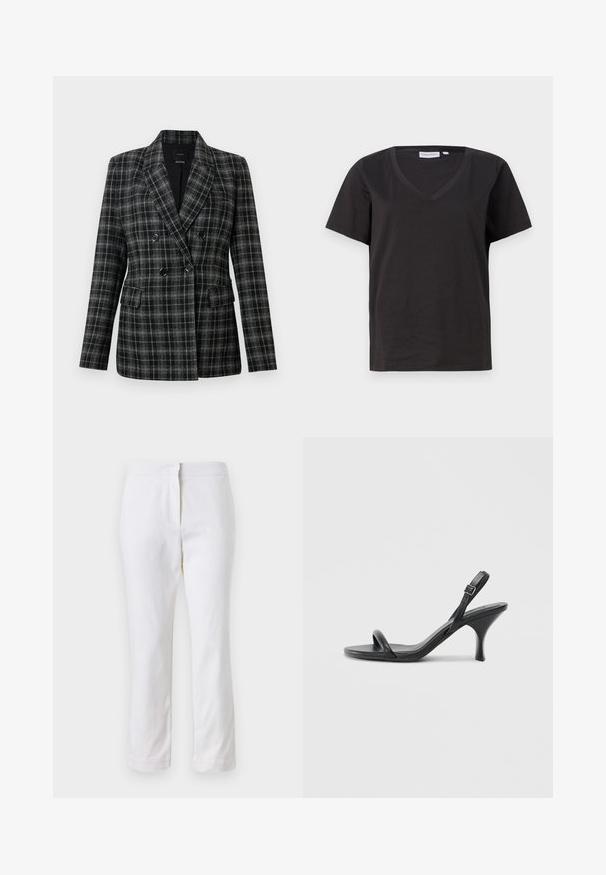 Mustavalkoinen ruudullinen bleiseri, jossa on läpällä varustettu kaulus, kaksirivinen etuosa, kaksi etutaskua ja teksturoitu kangas.; Musta puuvillainen T-paita, jossa on V-kaula-aukko ja lyhyet hihat. Yksinkertainen muotoilu, säännöllinen istuvuus ilman kuvioita tai koristeita.; Valkoiset puuvillahousut suoralla lahkeella, joissa on keskikorkea vyötärö ja ei näkyviä varusteita tai kuvioita. Ehjä pinta kauttaaltaan.; Mustat nahkaiset korkokengät, joissa on hoikka, kaareva korko ja ristiin menevä hihnadesign. Säädettävä nilkkahihna. Silkkinen pinta.