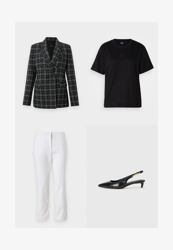 Blazer xadrez preto e cinza com gola de lapela, frente de botão duplo, dois bolsos frontais e tecido texturizado.; T-shirt de algodão preto com decote redondo, mangas curtas e um logótipo bordado no peito. Corte simples e descontraído, sem padrões.; Calças de algodão brancas com um design de perna reta, apresentando uma cintura de altura média e sem hardware ou padrões visíveis. Textura suave por toda a peça.; Saltos slingback em couro preto com bico fino, apresentando um salto esguio e um detalhe em tom dourado na alça ajustável. Textura suave.