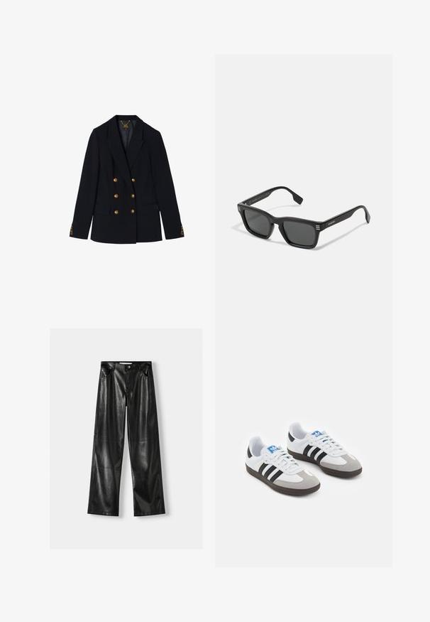 Laivastonsininen kaksirivinen bleiseri, joka on valmistettu muotoillusta kankaasta ja jossa on kultanappeja, viistetyt läpät ja läpälliset taskut. Tekstuurilla korostetut hihat.; Kaksi pitkähihasta paitaa: yksi musta ja yksi valkoinen. Molemmissa on pyöreä pääntie ja sileä, ribbitekstuuri. Brändilogo näkyvissä pääntiellä.; Mustat nahkaiset leveälahkeiset housut kiiltävällä pinnalla, joissa on kaksi etutaskua, nappikiinnitys ja näkyvät sauman yksityiskohdat.; Urheilukengät, joissa on valkoinen nahkainen päällinen, harmaa mokkanokka ja kolme mustaa raitaa. Ominaisuuksina sininen logo kielekkeessä ja kuvioitu kumipohja.; Mustat aurinkolasit, joissa on suorakulmainen kehys, matta viimeistely, tummat linssit ja kolme vaakasuoraa raitaa jokaisessa tempussa. Minimalistinen muotoilu.; Musta nailon olkalaukku, jossa on kaareva muoto, hopeinen ketjuviimeistely, irrotettava pikkupussi ja säädettävä hihna; sisältää "Steve Madden" -logon.